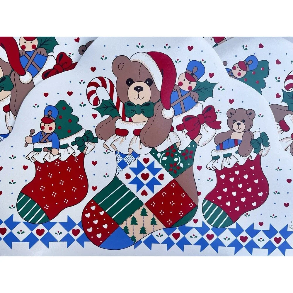 Vintage 1989 Christmas Teddy Bear Placemats – Set of 4 Large Holiday Table Mats